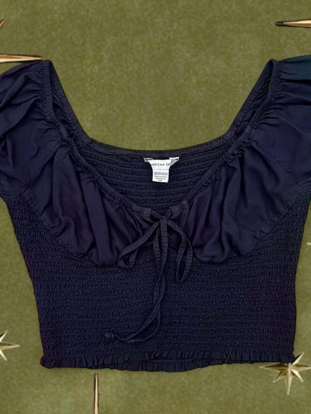 AEO Black Smocked Crop Top